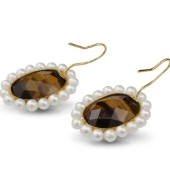 14ct Yellow Gold Faceted Tiger Eye and Cultured Pearl Earrings