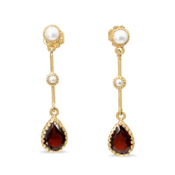 9ct Yellow Gold Garnet and Pearl Drop Earrings