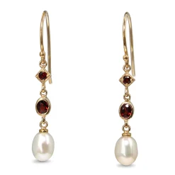 9ct Yellow Gold Garnet and Pearl Drop Earrings