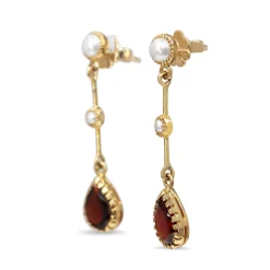 9ct Yellow Gold Garnet and Pearl Drop Earrings