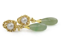 14ct Yellow Gold Jade and Pearl Drop Earrings