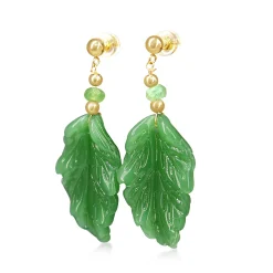 14ct Yellow Gold Jade Carved Leaf and Emerald Earrings