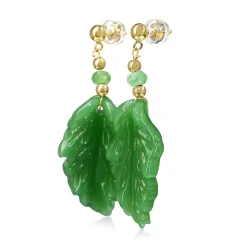 14ct Yellow Gold Jade Carved Leaf and Emerald Earrings