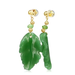 14ct Yellow Gold Jade Carved Leaf and Emerald Earrings