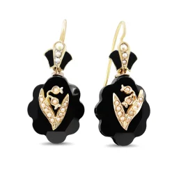 14ct Yellow Gold Jet and Seed Pearl Antique Earrings