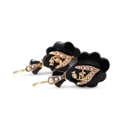 14ct Yellow Gold Jet and Seed Pearl Antique Earrings