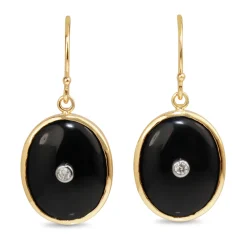 9ct Yellow Gold Large Onyx and Diamond Drop Earrings