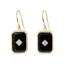 9ct Yellow Gold Large Rectangle Onyx and Diamond Earrings