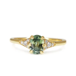 18ct Yellow Gold Light Teal Sapphire and Diamond Ring