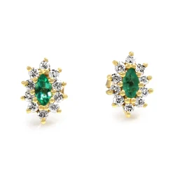 18ct Yellow Gold Marquise Emerald and Diamond Halo Stud Earrings