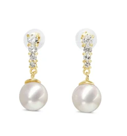 18ct Yellow Gold 7mm Akoya Pearls and Diamond Drop Earrings
