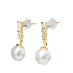 18ct Yellow Gold 7mm Akoya Pearls and Diamond Drop Earrings
