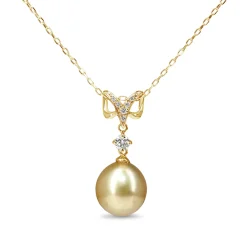 18ct Yellow Gold 10.5mm Golden South Sea Pearl and Diamond Necklace