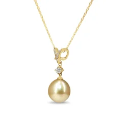 18ct Yellow Gold 10.5mm Golden South Sea Pearl and Diamond Necklace