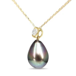 18ct Yellow Gold 10.8mm Tahitian Pearl Drop and Diamond Necklace