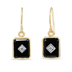 9ct Yellow Gold Onyx and Diamond Drop Earrings