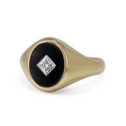 9ct Yellow Gold Onyx and Diamond Vintage Signet Ring