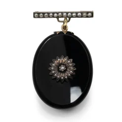 14ct Yellow Gold Onyx and Pearl Antique Victorian Mourning Brooch with Glass Back