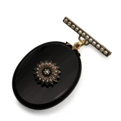 14ct Yellow Gold Onyx and Pearl Antique Victorian Mourning Brooch with Glass Back