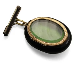 14ct Yellow Gold Onyx and Pearl Antique Victorian Mourning Brooch with Glass Back