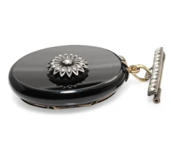 14ct Yellow Gold Onyx and Pearl Antique Victorian Mourning Brooch with Glass Back
