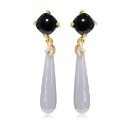 9ct Yellow Gold Onyx, Chalcedony and Diamond Drop Earrings