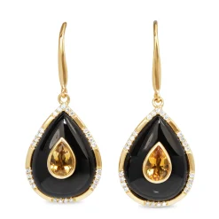 9ct Yellow Gold Onyx, Citrine and Diamond Earrings