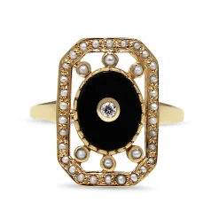 9ct Yellow Gold Onyx, Pearl and Diamond Deco Style Ring