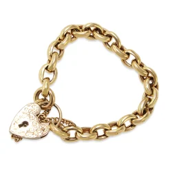 9ct Yellow Gold Oval Belcher Link Bracelet with Engraved Heart Padlock