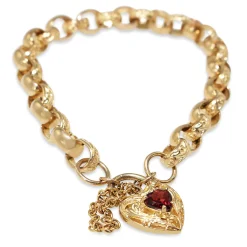 9ct Yellow Gold Oval Belcher Link Bracelet With Etched Links and Garnet Padlock Clasp