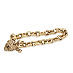 9ct Yellow Gold Oval Belcher Link Bracelet with Engraved Heart Padlock