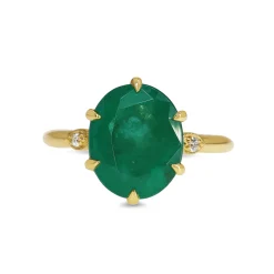 18ct Yellow Gold Oval Emerald and DIamond Solitaire Ring