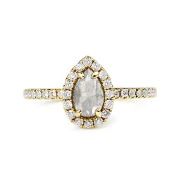 18ct Yellow Gold Pear Rose Cut Salt and Pepper Diamond Halo Ring