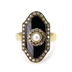 9ct Yellow Gold Pearl, Diamond and Onyx Vintage Style Ring