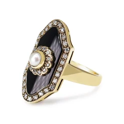 9ct Yellow Gold Pearl, Diamond and Onyx Vintage Style Ring