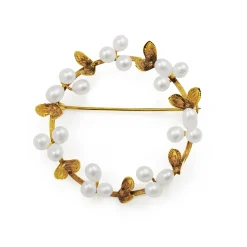 14ct Yellow Gold Pearl Floral Wreath Brooch