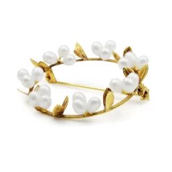 14ct Yellow Gold Pearl Floral Wreath Brooch