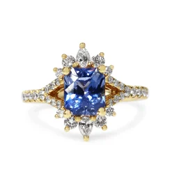 18ct Yellow Gold Radiant Cut Sapphire and Pear Diamond Ring with Split Shank