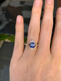 18ct Yellow Gold Radiant Cut Sapphire and Pear Diamond Ring with Split Shank
