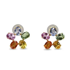 18ct Yellow Gold Rainbow / Multi Colour Sapphire Daisy Style Earrings