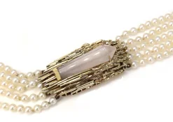 14ct Yellow Gold Rose Quartz and Akoya Pearl 5 Strand Necklace