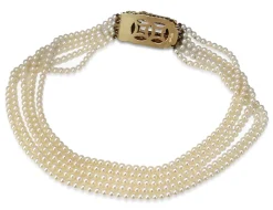 14ct Yellow Gold Rose Quartz and Akoya Pearl 5 Strand Necklace