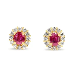 18ct Yellow Gold Ruby and Diamond Halo Stud Earrings