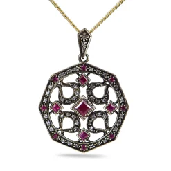 9ct Yellow Gold Ruby and Diamond Oxidised Antique Style Necklace