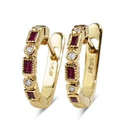 9ct Yellow Gold Ruby and Diamond Deco Style Hoop Earrings