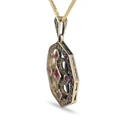 9ct Yellow Gold Ruby and Diamond Oxidised Antique Style Necklace