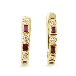 9ct Yellow Gold Ruby and Diamond Deco Style Hoop Earrings