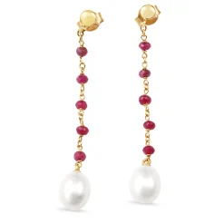 18ct Yellow Gold Ruby and Fresh Water Pearl Drop Earrings