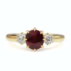18ct Yellow Gold Ruby and Old Cut Diamond 3 Stone Ring