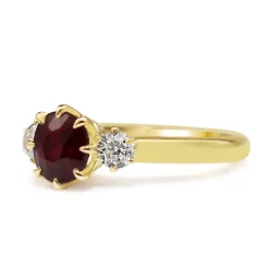 18ct Yellow Gold Ruby and Old Cut Diamond 3 Stone Ring